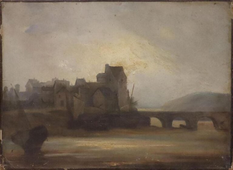École XIXe « Le pont » huile sur toile - 29x40