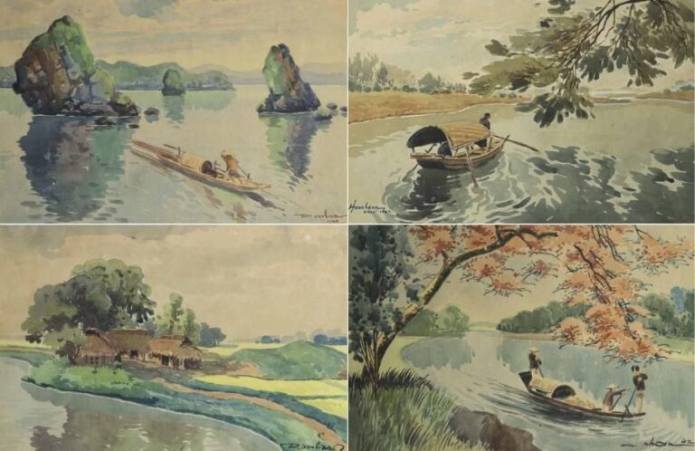 ECOLES INDOCHINOISES (Vietnam / Indochine, Actifs milieu du XXe siècle) Suite de quatre aquarelles sur papier donnant à voir des vues pittoresques du Vietna