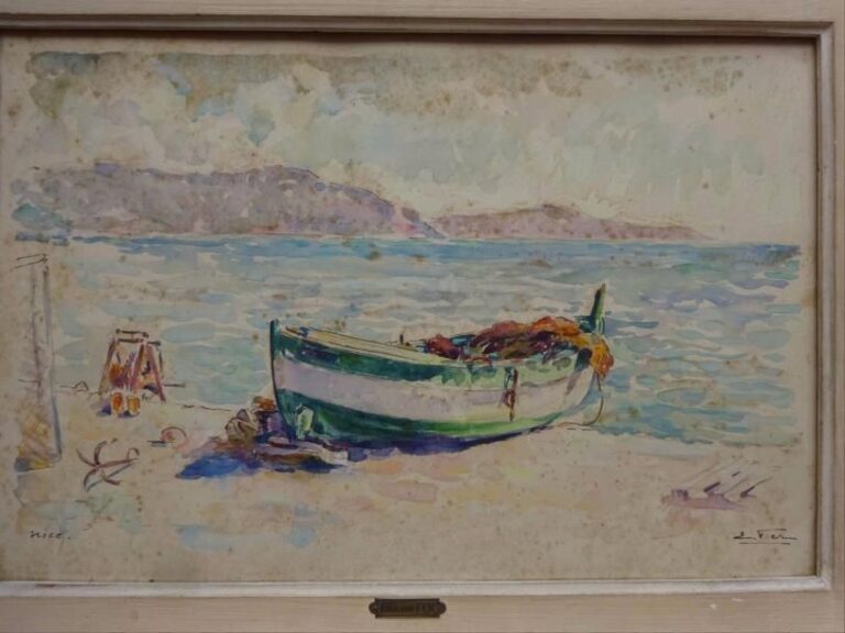 Edouard FER (1887-1959) La barque sur la plage à Nice  Aquarelle sur papier  Signée en bas à gauche « Nice », cartouche sur cadre  30 x 45 cm piqures