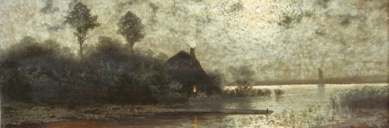 Effet de lune sur un lac Huile sur toile, signée en bas à droite 89 x 31 cm