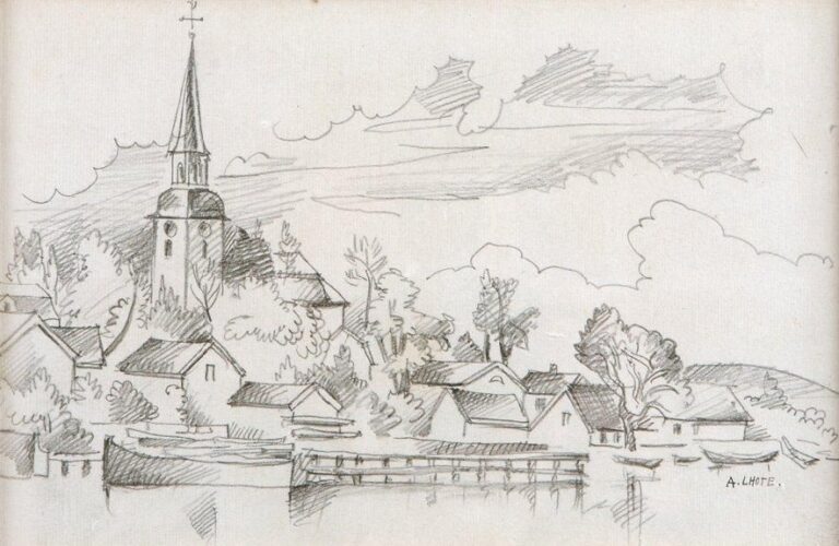 Église au bord de l'eau Mine de plomb, signée en bas à droite 17,5 x 27,5 cm