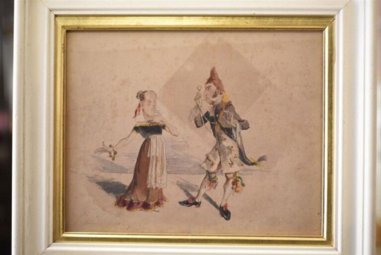«Elixir d'amour», scène de théâtre Aquarelle sur papier, titrée en bas à gauche 24 x 30 cm (insolation et piqûre)