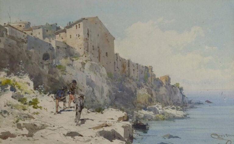 Emmanuel COSTA Chasseurs sur un sentier du littoral Aquarelle sur papier Signée en bas à droite 23 x 28 cm