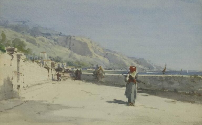 Emmanuel COSTA Promenade en bord de mer Aquarelle sur papier 22 x 35 cm