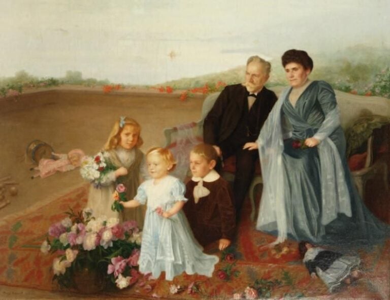 «Enfants jouant sur une terrasse dominant la mer» Huile sur toile Signée et datée 1909 en bas à gauche 88 x 116 cm