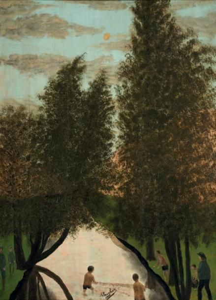 «ENFANTS PÊCHANT DANS LA RIVIÈRE» Huile sur panneau, signée en bas au milieu et datée 1922 61 x 45 cm