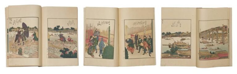 Ensemble complète de trois livres japonais relié de manière traditionnelle (wahon) figurant des retirages d'estampes de l'ouvrage Ehon Sumidagawa ryo¯gan ichira