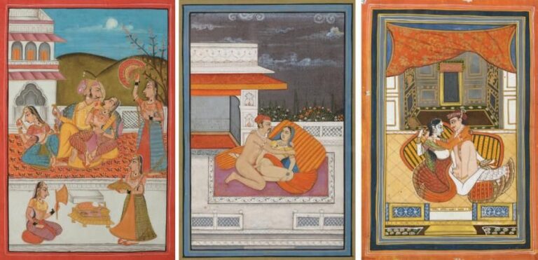 Ensemble composé de trois peintures érotiques Pigments sur papier Nord de l'Inde, XIXe-XXe siècle 20 x 14 cm 22 x 16 cm 29 x 21 cm