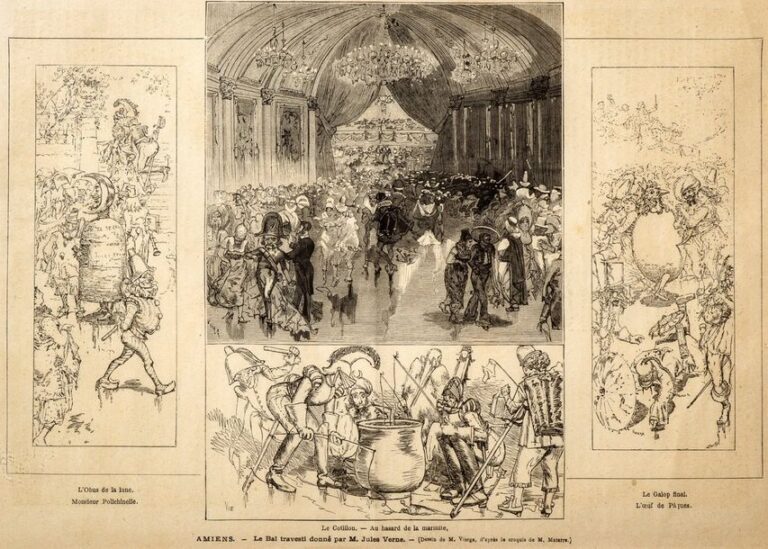 Ensemble de 4 gravures: Le bal travesti donné par Jules Verne à Amiens en 1877 (Le Monde illustré du 14 avril 1877) / Le Tour du monde en 80 jours (Le Monde illustré du 14 no