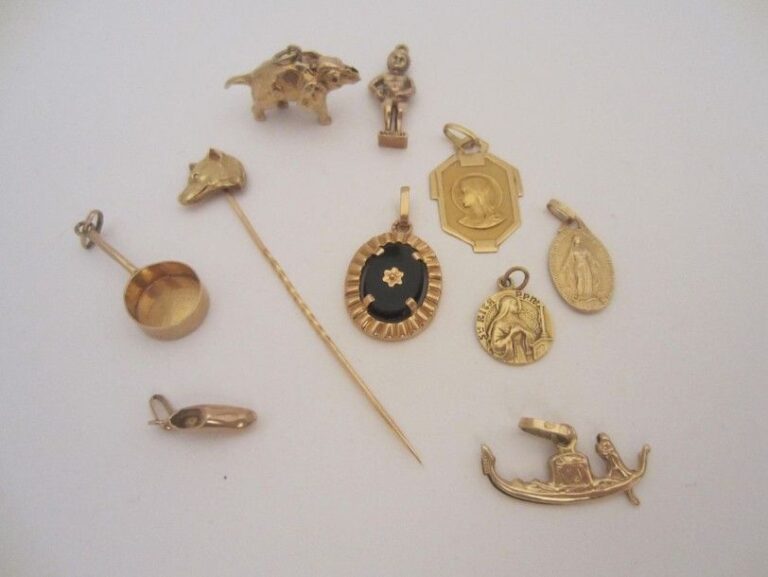 Ensemble de 8 breloques ou médailles en or jaune (750 millièmes), un pendentif en or jaune (750 millièmes) orné d'onyx et une épingle en or jaune (750 millièmes)tête de chie