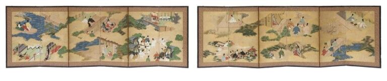 Ensemble de deux paravents à six feuilles destiné à être exposé pour le festival des poupées (hinabyobu