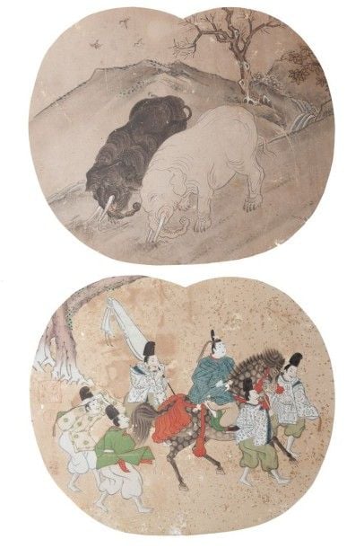 Ensemble de onze éventails (uchiwa) à décor peint d'éléphants, nobles sur un cheval, pins et autre