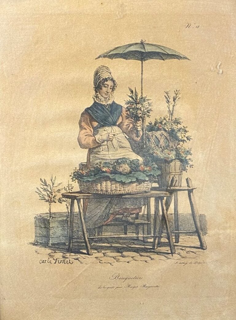 Ensemble de quatre gravures rehaussées représentant Antibes, Florence, Le march…