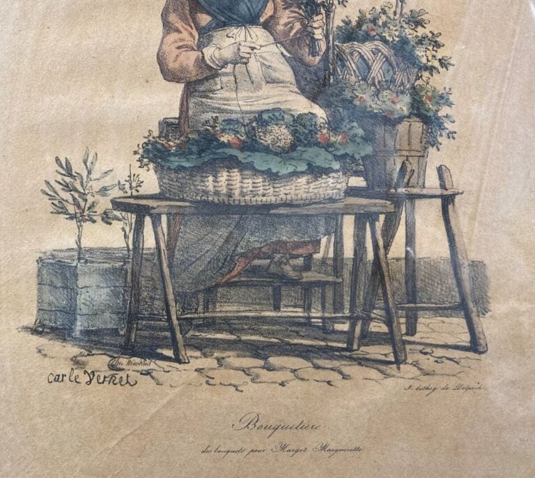 Ensemble de quatre gravures rehaussées représentant Antibes, Florence, Le march…