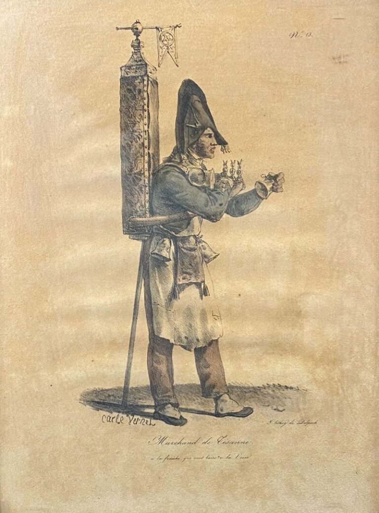 Ensemble de quatre gravures rehaussées représentant Antibes, Florence, Le march…