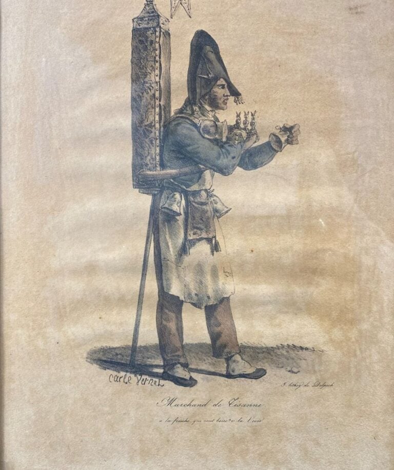 Ensemble de quatre gravures rehaussées représentant Antibes, Florence, Le march…