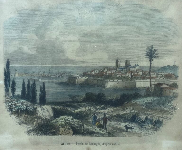 Ensemble de quatre gravures rehaussées représentant Antibes, Florence, Le march…