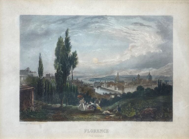 Ensemble de quatre gravures rehaussées représentant Antibes, Florence, Le march…