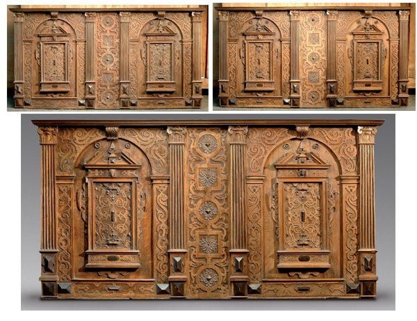 Ensemble de trois importants éléments de boiserie en chêne sculpté avec quelques parties noircie