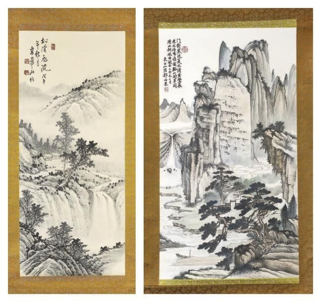 Ensemble de trois peintures dont: Kakemono sur soie représentant un voyageur dans un paysage montagneu