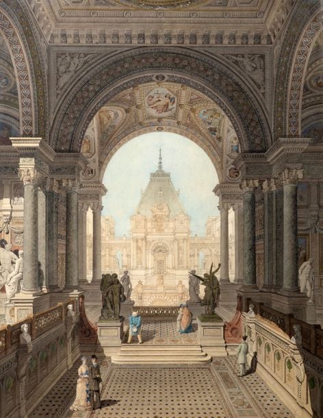 Entrée d'un musée imaginaire animée de visiteurs