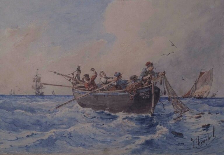Ercole TRACHEL (1820-1872) Barque aux pêcheurs sur la mer agitée Aquarelle sur papier marouflée sur carton Signée en bas à droite 26 x 36,5 cm
