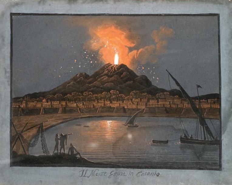 «Eruption de l'Etna à Catane» Gouache annotée «Il Motte Ettina in Catanio» en bas au milieu 14,6 x 20,4 cm