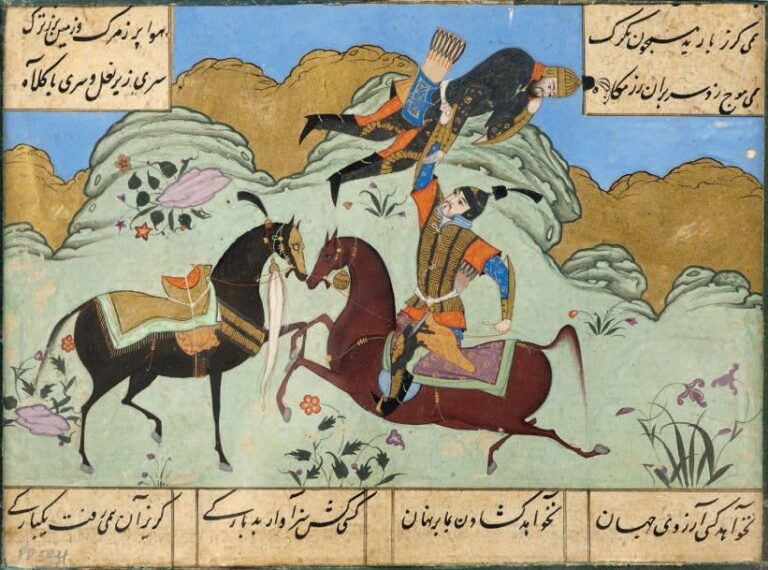 Esfandyar soulève Kohram de sa monture - Illustration d'un Shahnameh - Livre des Rois