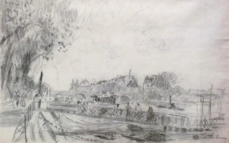 Esquisse pour l'Ile de la Cité Fusain sur papier, signé en bas à droite 30 x 46 cm