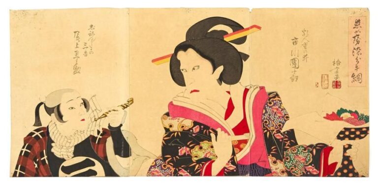 Estampe imprimée de format triptyque intitulée: "Koi nyobo somewake tazuna" représentant l'acteur Ishikawa Danjuro IX (1838-1903) jouant le rôle kabuki de la nourrice Shigeno
