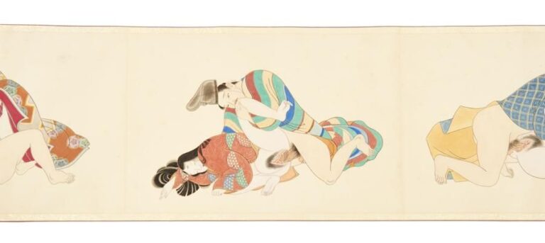 Estampe sur grand rouleau figurant vingt-six images érotiques shunga dans le style d'époque de Heia