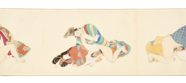 Estampe sur grand rouleau figurant vingt-six scènes érotiques shunga dans le style d'époque de Heia