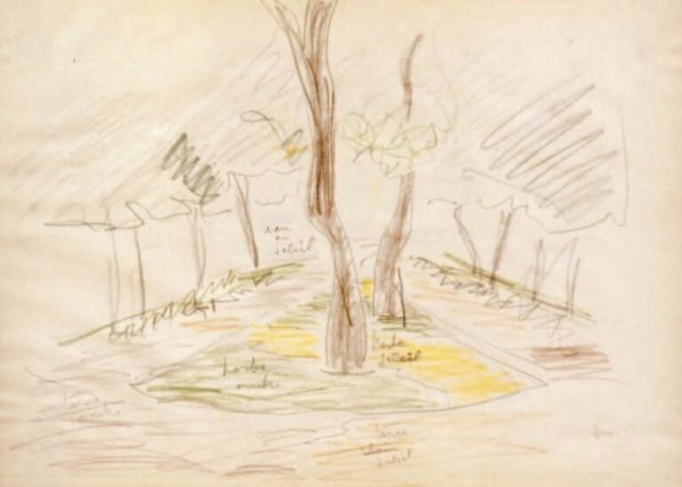 Étude de place Dessin avec indications de couleurs, signé en bas à droite 9,5 x 27 cm