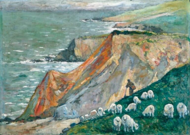 Falaises et moutons Huile sur carton, signée en bas à droite 43 x 60 cm