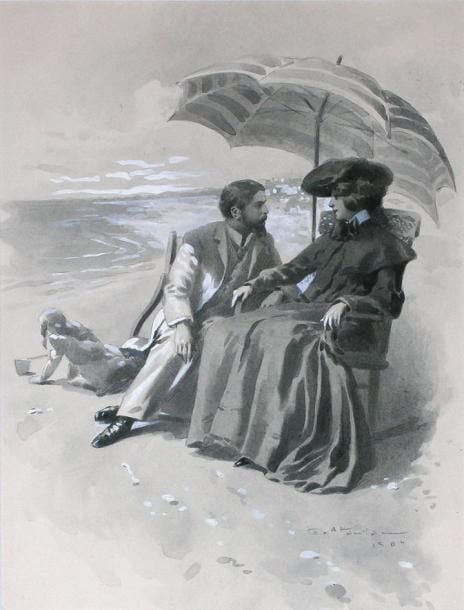 Famille sur la plage (1904) Lavis, rehauts de blanc Signé et daté en bas à droite 27 x 18 cm (à vue)