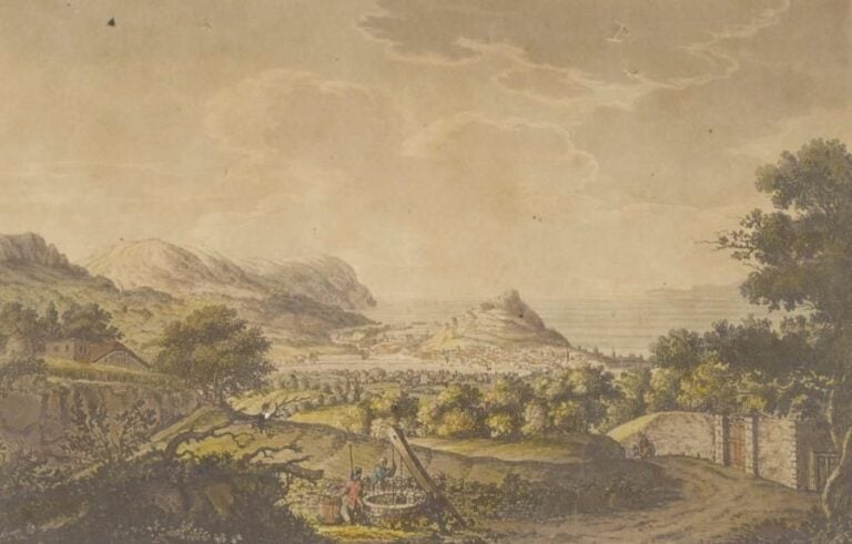 FATANPINO (?) Vue de Nice depuis les hauteurs Aquarelle et gouache Signée et datée 1846 en bas à gauche 16 x 25 cm