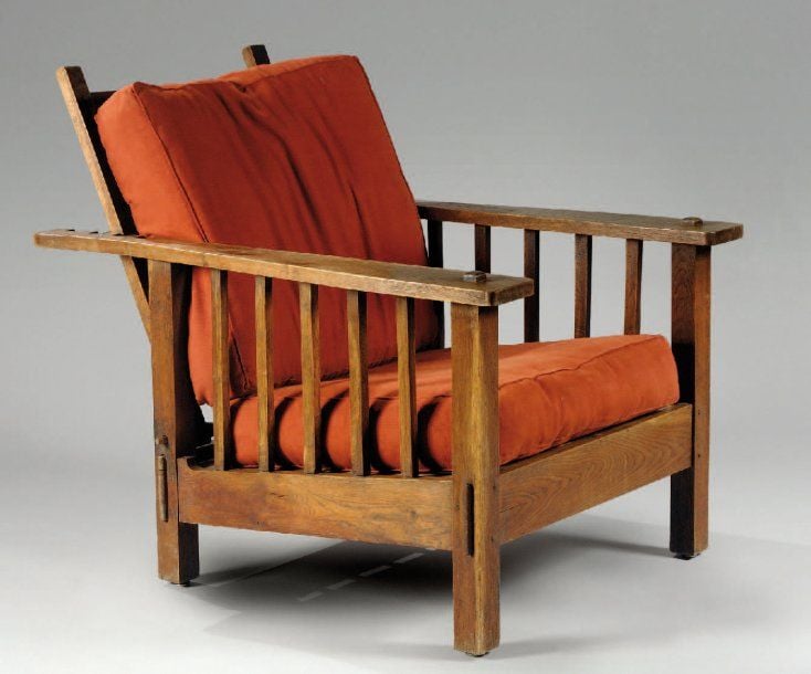 Fauteuil de repos en chêne ciré à dossier inclinable réglable par barre amovible sur encoch