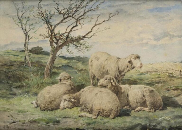 Félix Saturnin BRISSOT DE WARVILLE (1818-1892) Quatre moutons au pré Aquarelle sur papie