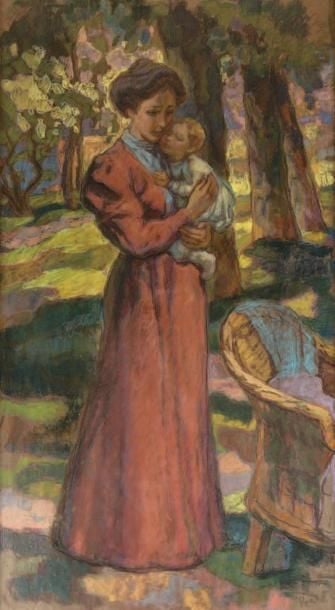 Femme à l'enfant Pastel, signé en bas à droite 125 x 67 cm (à vue) Pastel, signed lower right