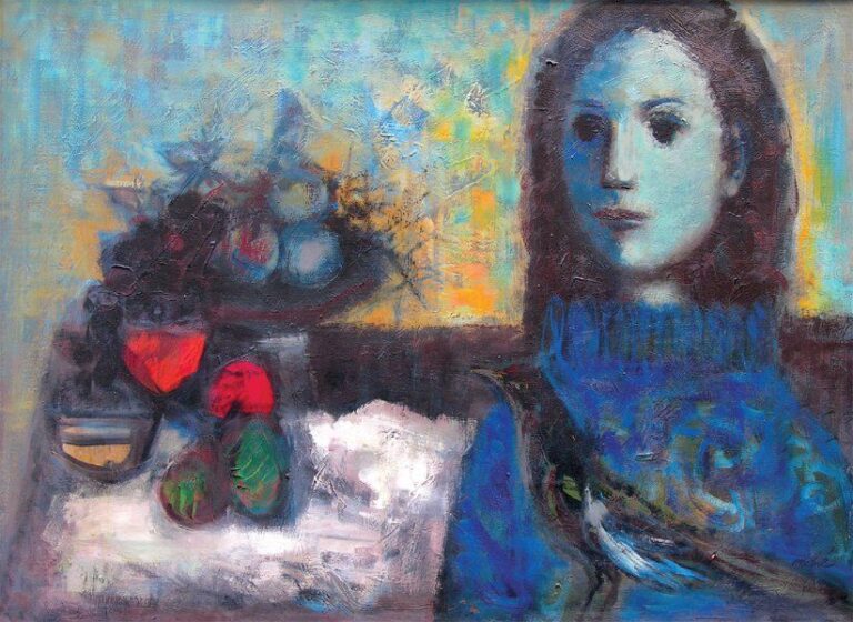 Femme à la coupe de fruits Huile sur toile Signé en bas à droite 73 x 101 cm