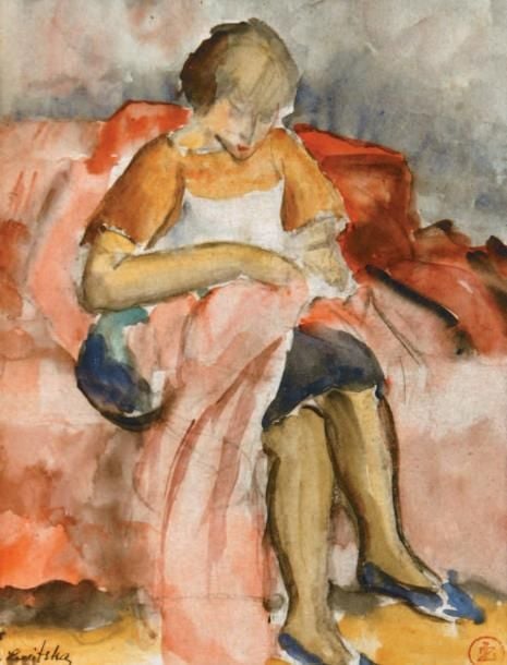 FEMME À LA COUTURE Aquarelle sur papier, signée en bas à gauche Porte le timbre de l'atelier en bas à droite 27,5 x 21 cm