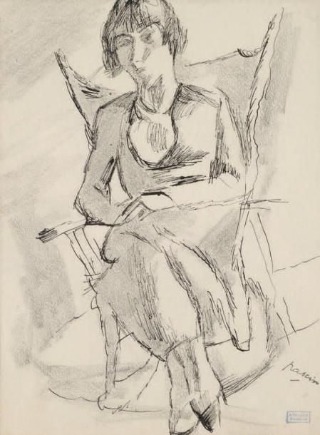 Femme assise Plume et estompe Cachet de la signature et cachet Atelier Pascin en bas à droite À vue: 25 x 18,5 cm