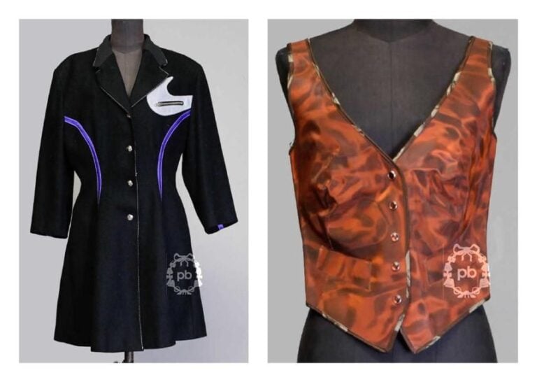 Femme, (automne-hiver 1992/93, collection "L'Europe de l'avenir") REDINGOTE en lainage noire, certaines découpes galbantes ornées de galons en sergé bleu électrique, col cranté sur boutonnage pressions, poche zippée rehaussée d'un empiècement phosphorescent gris, deux poches dans les coutures (env TS/M) (petit état d'usage sur finitions
