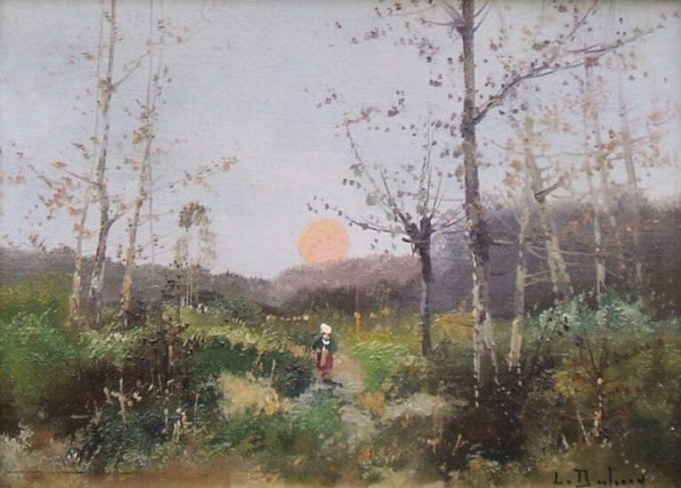 Femme dans un paysage au coucher de soleil Huile sur panneau, signée en bas à droite de son pseudonyme,