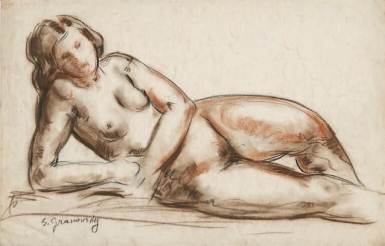 Femme nu allongé Sanguine et fusain, signé en bas à gauche 32 x 50 cm