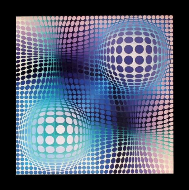 Feny, 1974 Offset gélatiné d'époque Titré, cachet des Editions du Griffon, Neuchâtel au dos 60 x 60 cm Bibliographie: - «Vasarely, vo