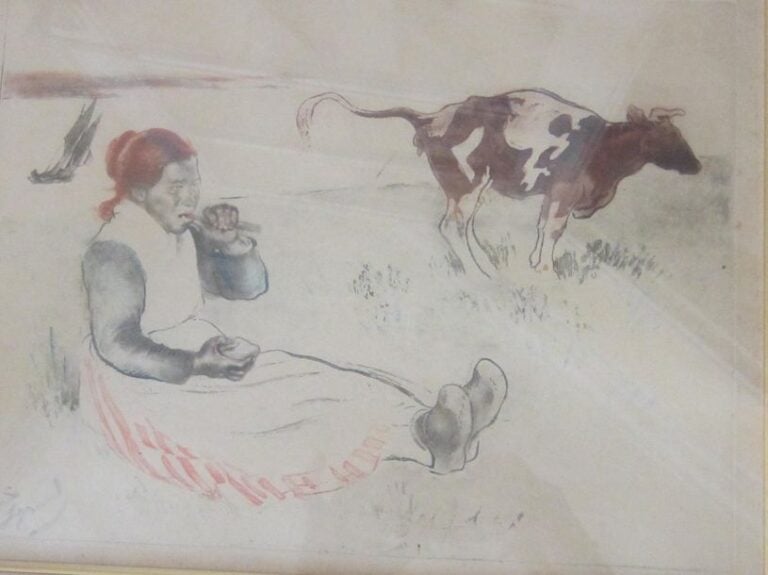 FERMIÈRE ET VACHE Aquatinte, signée dans la planche