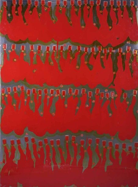 Fernandez ARMAN (1928-2005) "Macbeth II" Sculpture / accumulation de flacons de vernis dans un bloc sous plexiglass H: 160 cm - l: 120 cm - P: 5 cm Note: Oeuvre référencée par la Fondation Armand sous le numéro 5745