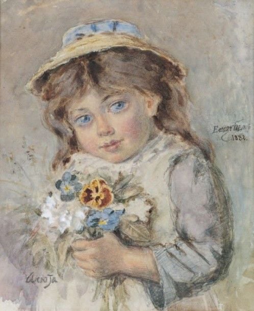 Fillette 1882 Aquarelle, signée et datée en bas à droite vers le milieu à l'encre 29,5 x 24,5 cm (à vue)
