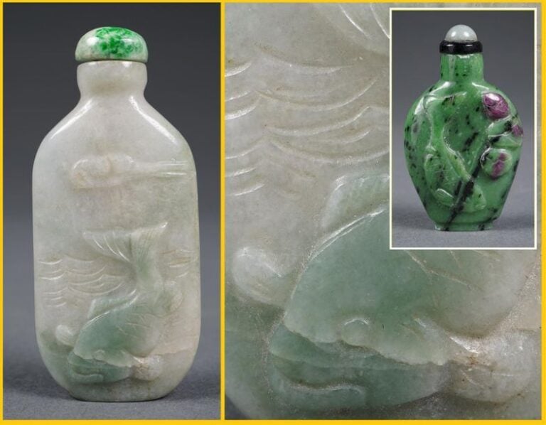 FLACON TABATIERE A EPAULES TOMBANTES ET EN MEPLAT EN JADE JADEITE